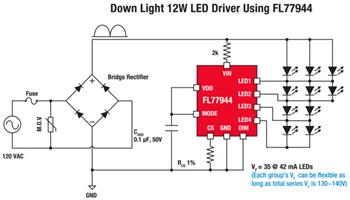 Application Circuit Diagram - onsemi FL77944 Dimmable High-Power LED Direct AC Driver
