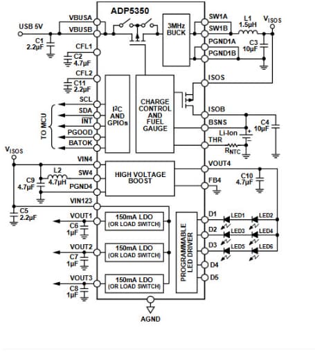 Application Circuit Diagram - Analog Devices Inc. ADP5350 Advanced Battery Management PMIC