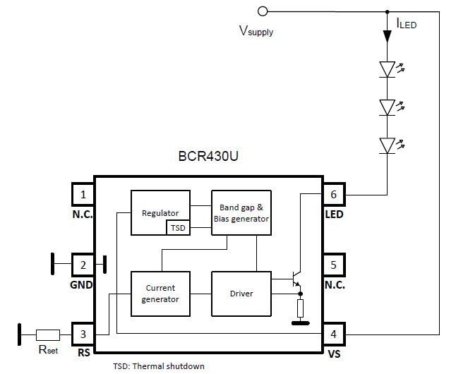 Blockdiagram - Infineon Technologies BCR430U drivkrets för LED med låga spänningsförluster