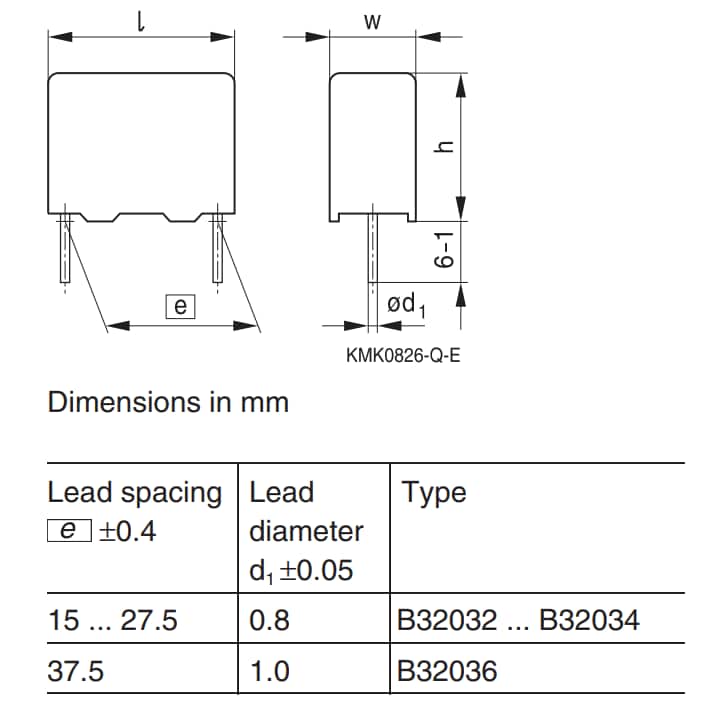 Mechanical Drawing - EPCOS / TDK MKP B3203x EMI Suppression Capacitors
