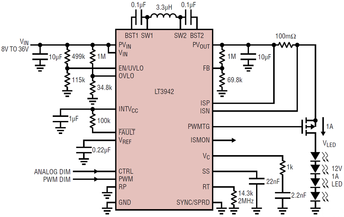 Application Circuit Diagram - Analog Devices Inc. LT3942 Synchronous Buck-Boost Converter