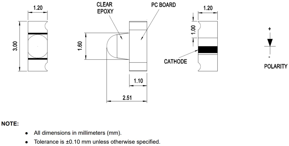 Mechanical Drawing - Broadcom HSM9-C450 Side View Infrared Emitter