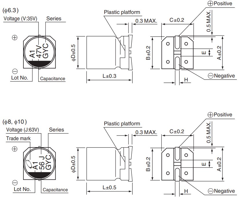 Mechanical Drawing - Nichicon GYC Hybrid Aluminum Electrolytic Capacitors