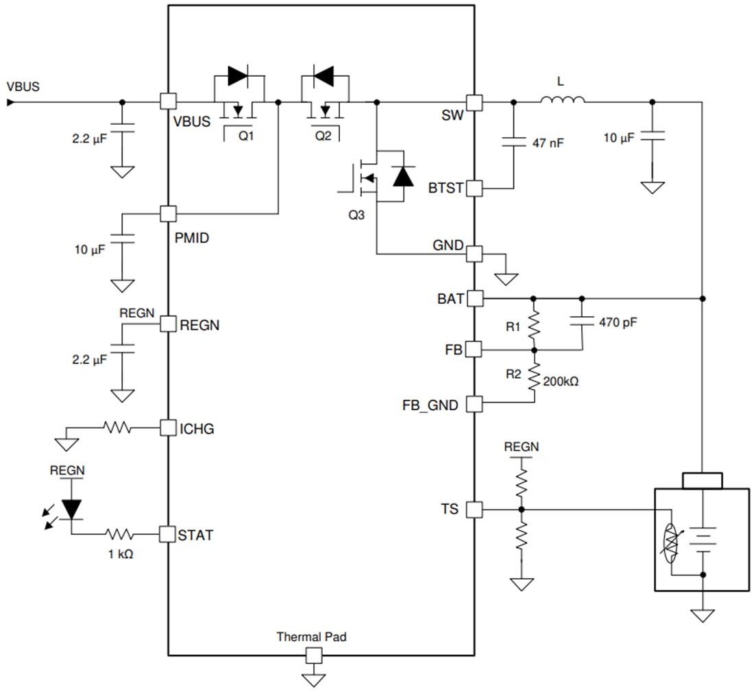 Application Circuit Diagram - Texas Instruments bq25306 1-2 Cell Buck Battery Charger