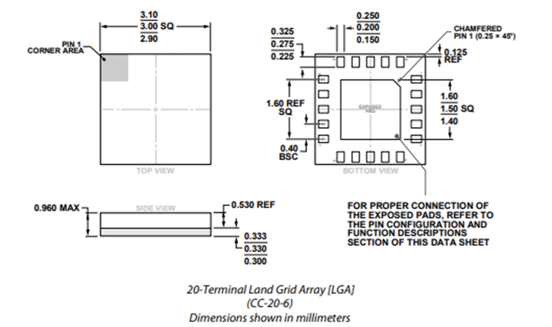 Mechanical Drawing - Analog Devices Inc. ADRF5047 Si SP4T Reflective Switch (9kHz to 44GHz)