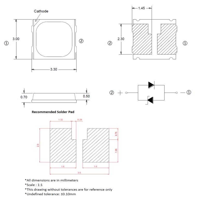 Mechanical Drawing - Luminus Devices MP-3030-110F Flip Chip Mid Power LEDs