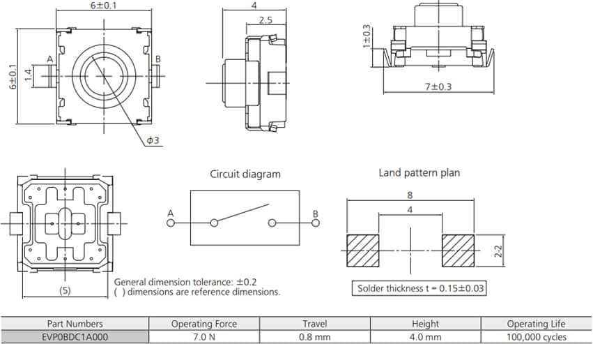 Panasonic Electronic Components EVP-0B 6mm 7N Square Tactile Switch