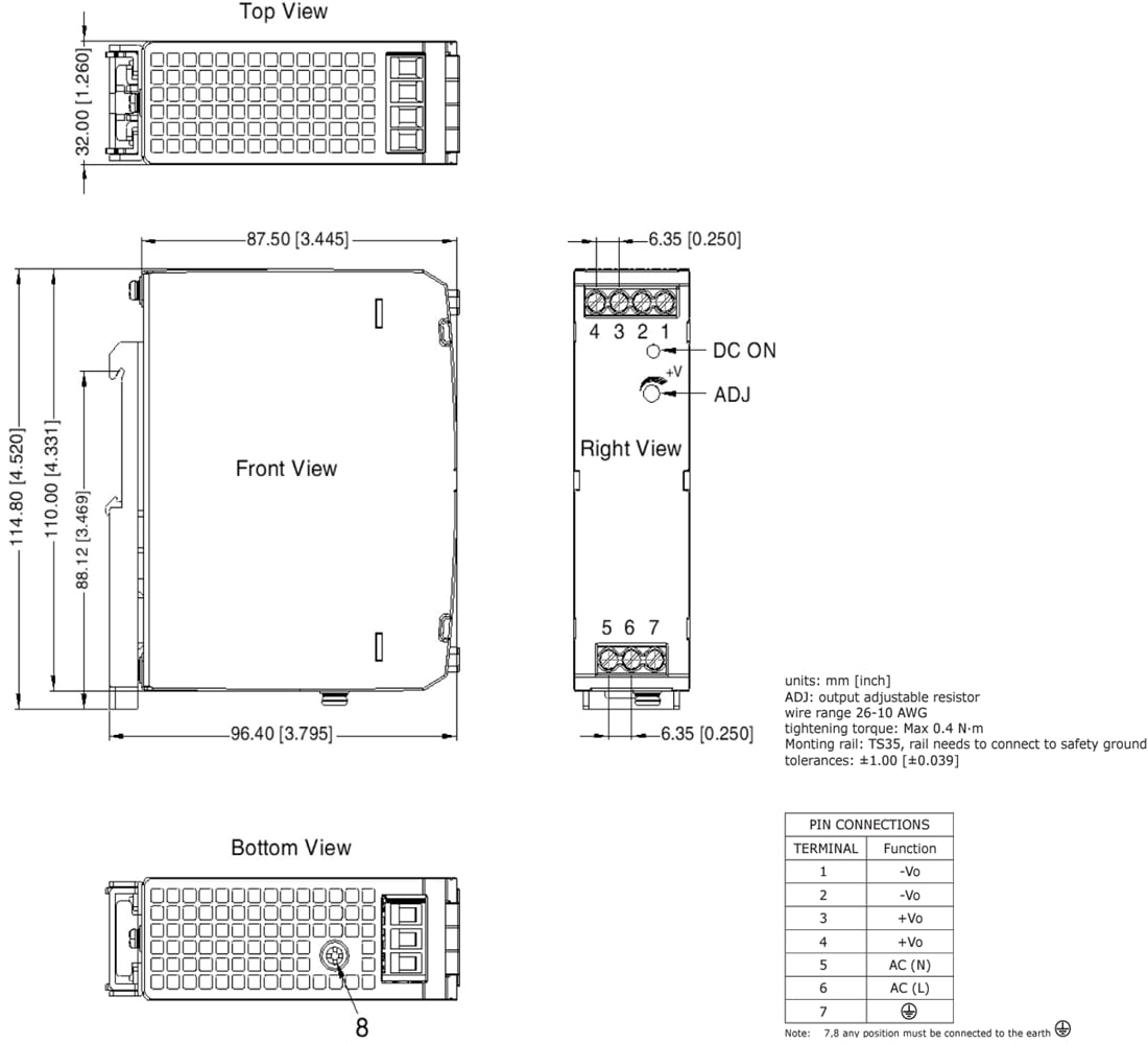 Mechanical Drawing - CUI Inc PDRD-75 DIN Rail AC-DC Power Supplies
