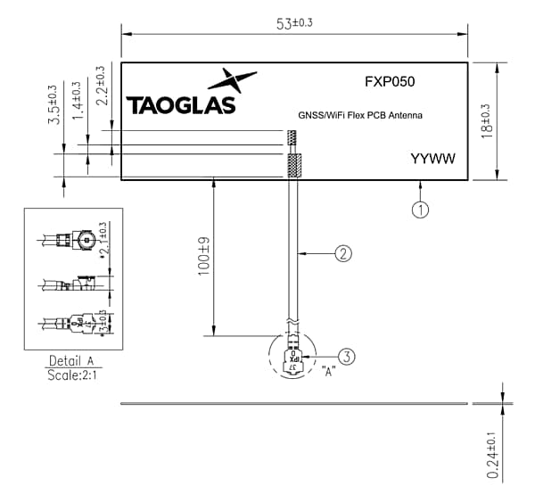 Mechanical Drawing - Taoglas GNSS/Wi-Fi® Flex PCB Antennas