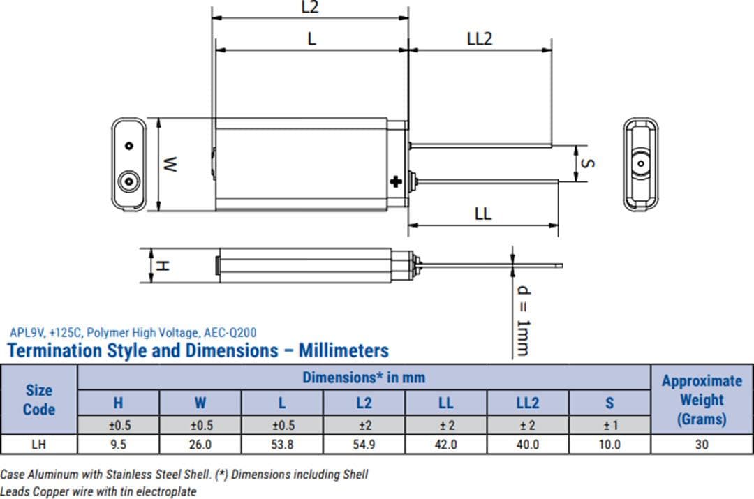 Mechanical Drawing - KEMET APL9x Rectangular Aluminum Polymer Capacitors