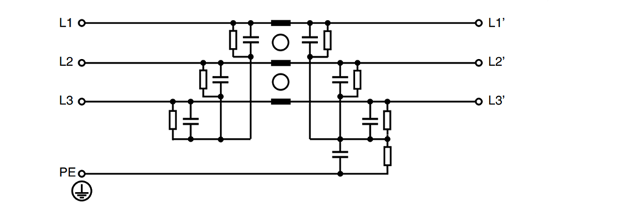 Schematic - Schurter 3-Phase DIN Rail AC/DC Filters