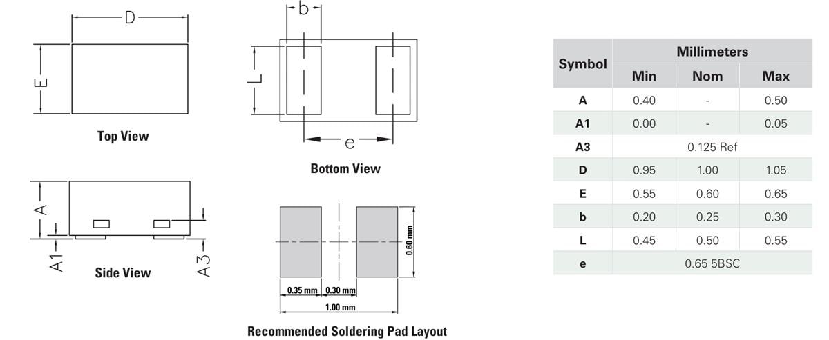 Mechanical Drawing - Littelfuse AQ0115-01ETG Bidirectional Discrete TVS Diode