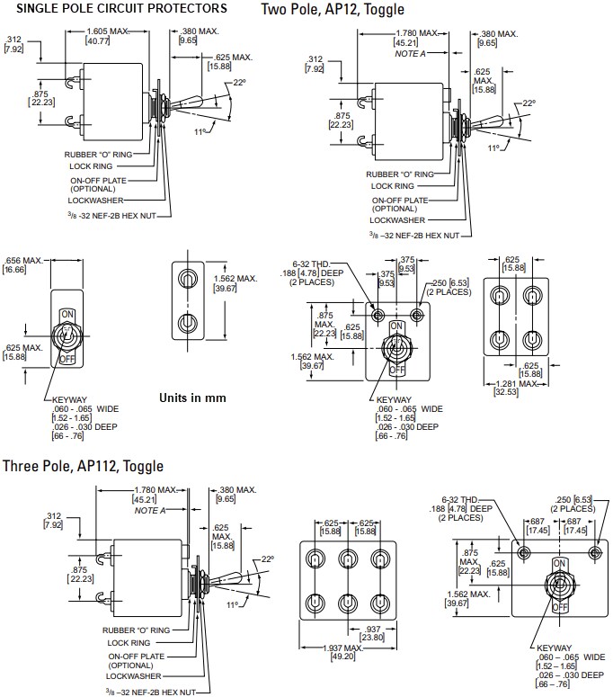 Mechanical Drawing - AIRPAX / Sensata AP Series Magnetic Circuit Breakers