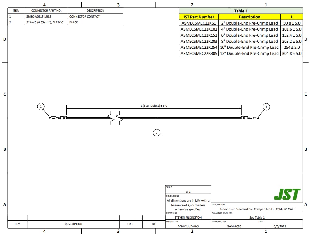 Mechanical Drawing - JST Connectors CPM Automotive Rectangular Cable Assemblies