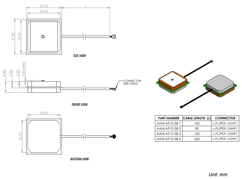 Mechanical Drawing - Abracon AANI-AP Anti-Jamming Active Internal GNSS Antennas