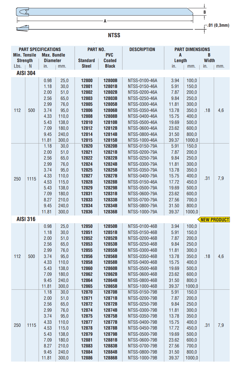 Mechanical Drawing - Heyco NTSS Stainless Steel Cable Ties