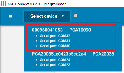Device selection in the nRF Connect Programmer app