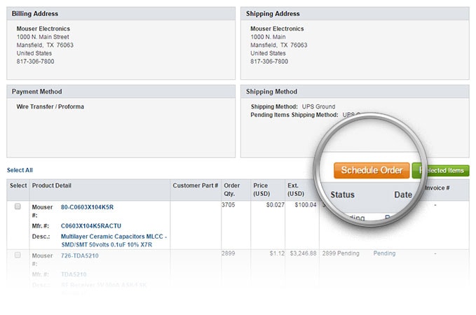 Knappen Schemalägg order på sidan Orderhistorik.